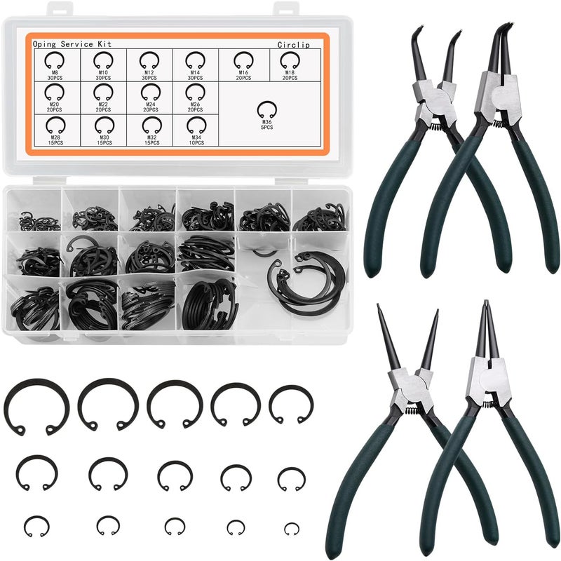 LFSEMINI Snap Ring Shop Assortment, 300pcs Internal Retaining Ring with 4pcs 7" Snap Ring Pliers Set, M8-M36, 15 Different Sizes Alloy Steel Circlip Snap Ring and Internal/External Circlip Pliers Set - Image 1